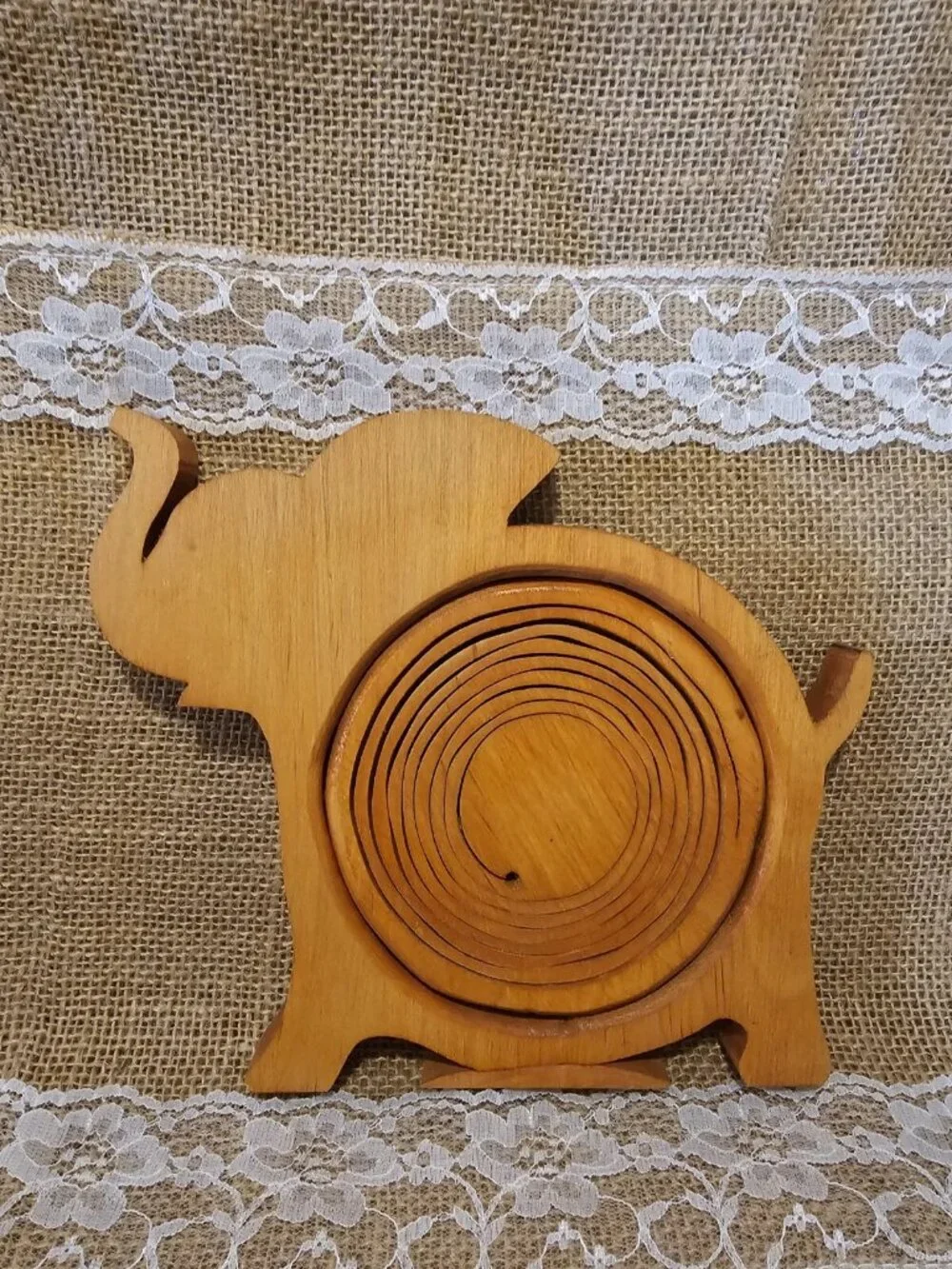 Elephant  Shaped Folding Collapsible Brown Wooden Basket Catch All Bowl Decor ”